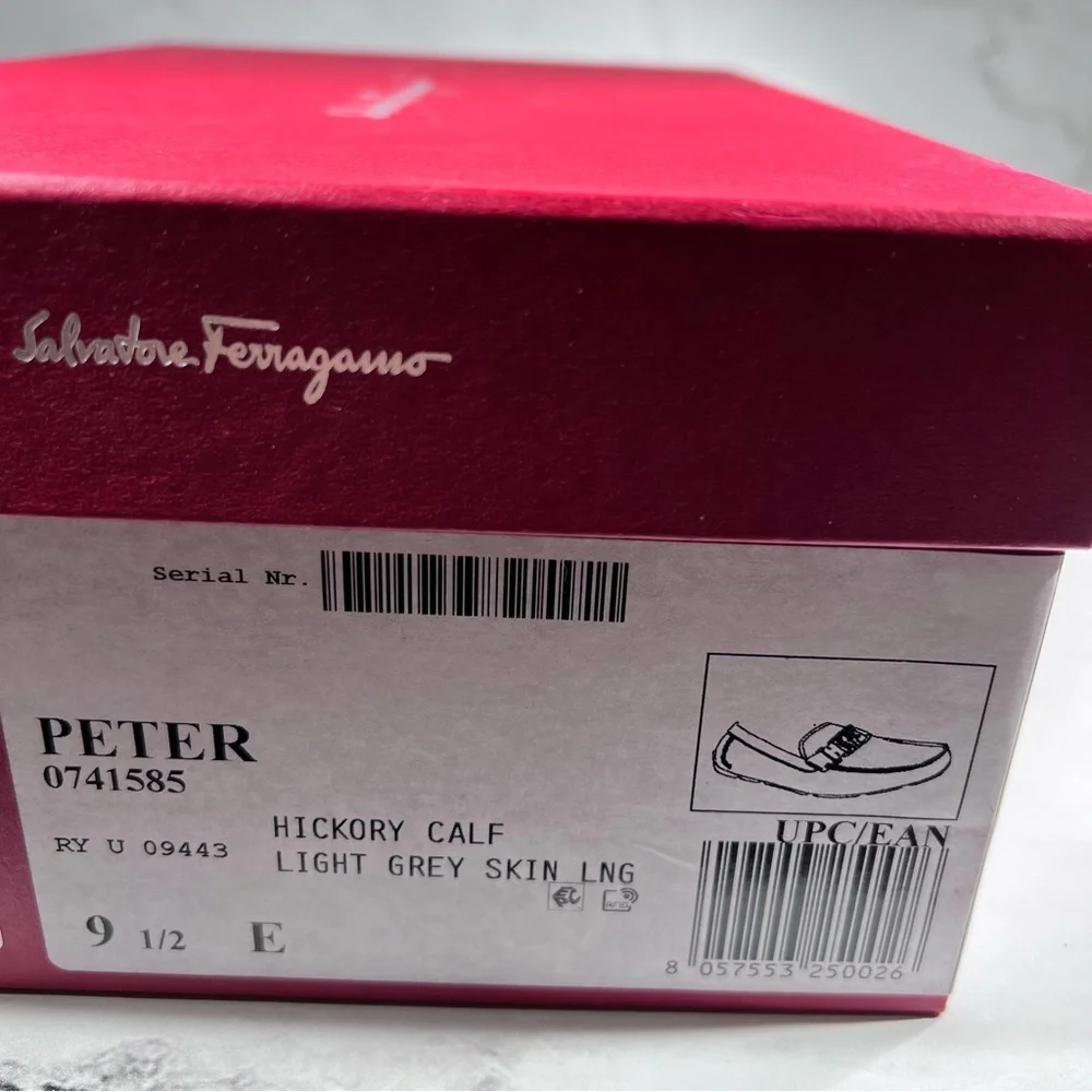 Salvatore Ferragamo Peter Hickory Light Grey Leather Slip On Driver Loafers